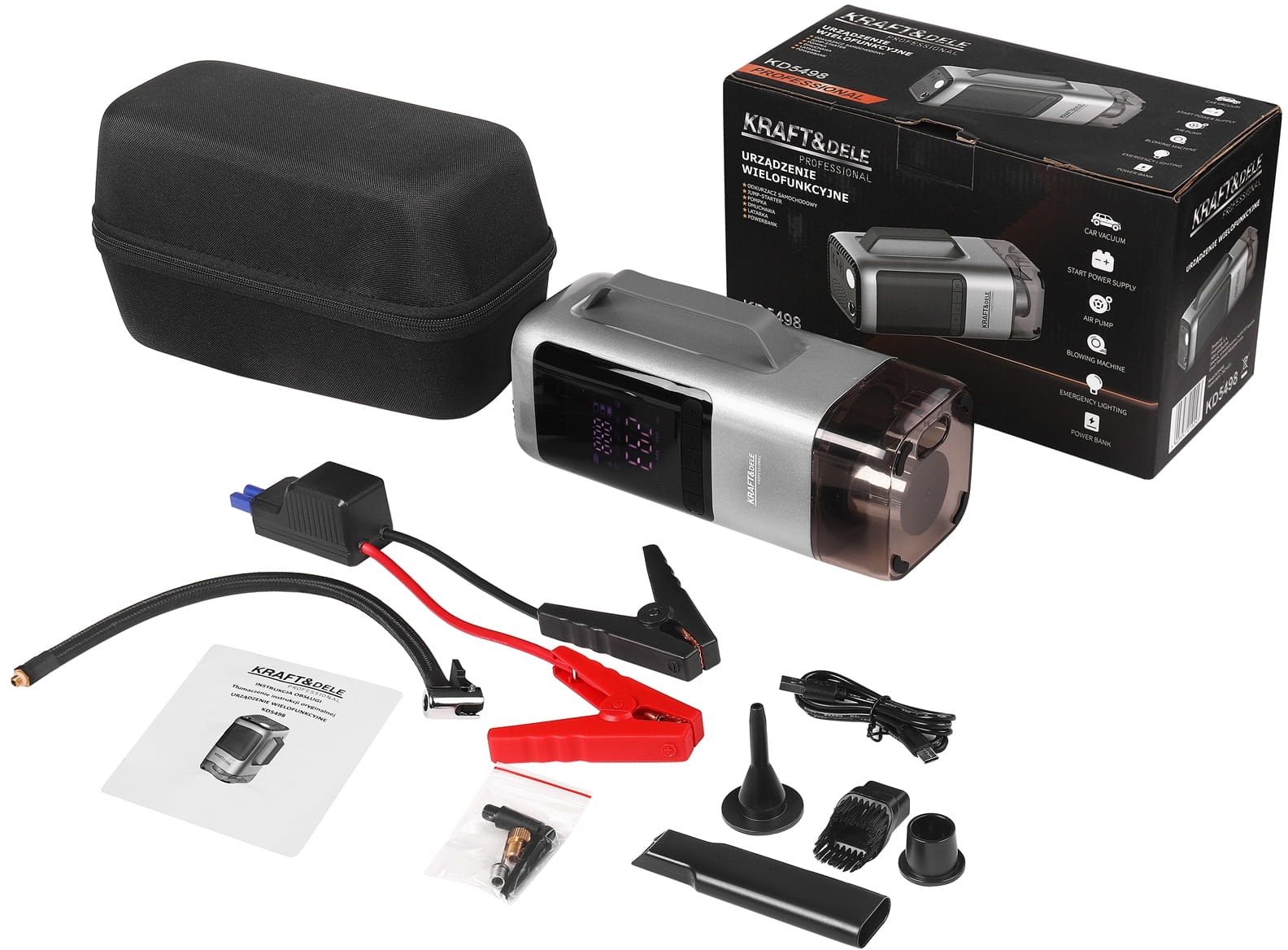 MULTIFUNKTSIONAALNE SEADE TOLMUIMEJA / JUMP-STARTER / PUMP / LEHEPUHUR / TASKULAMP / POWERBANK KD5498