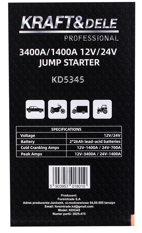 Jump-starter 3400/1400A 12/24V + valgustus KD5345