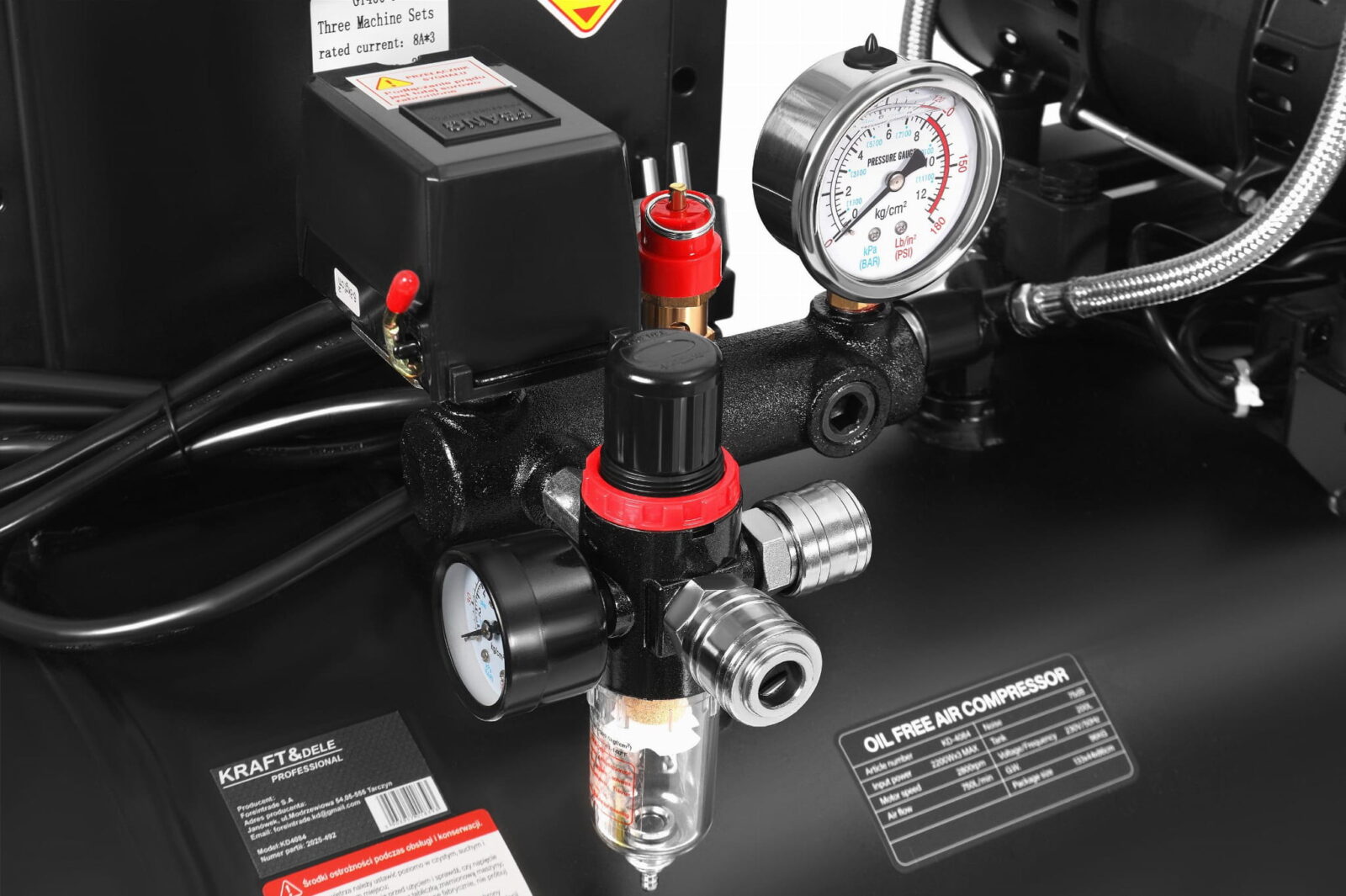 Õlivaba kompressor 200L 3x2200W + separator ja glütseriinmanomeeter KD4084
