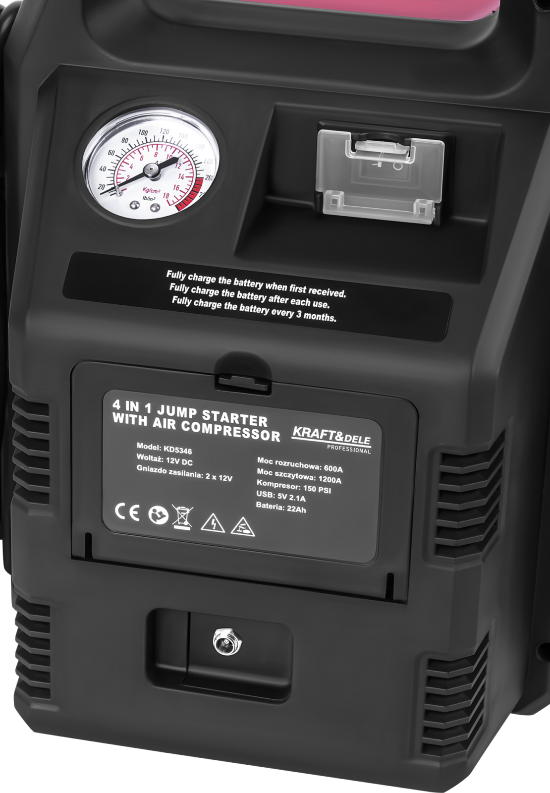 Jump-starter 4-ühes-1-s 1200/600A 22Ah 12V + valgustus + kompressor KD5346
