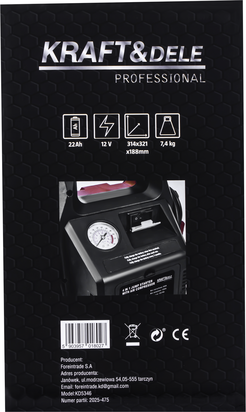 Jump-starter 4-ühes-1-s 1200/600A 22Ah 12V + valgustus + kompressor KD5346