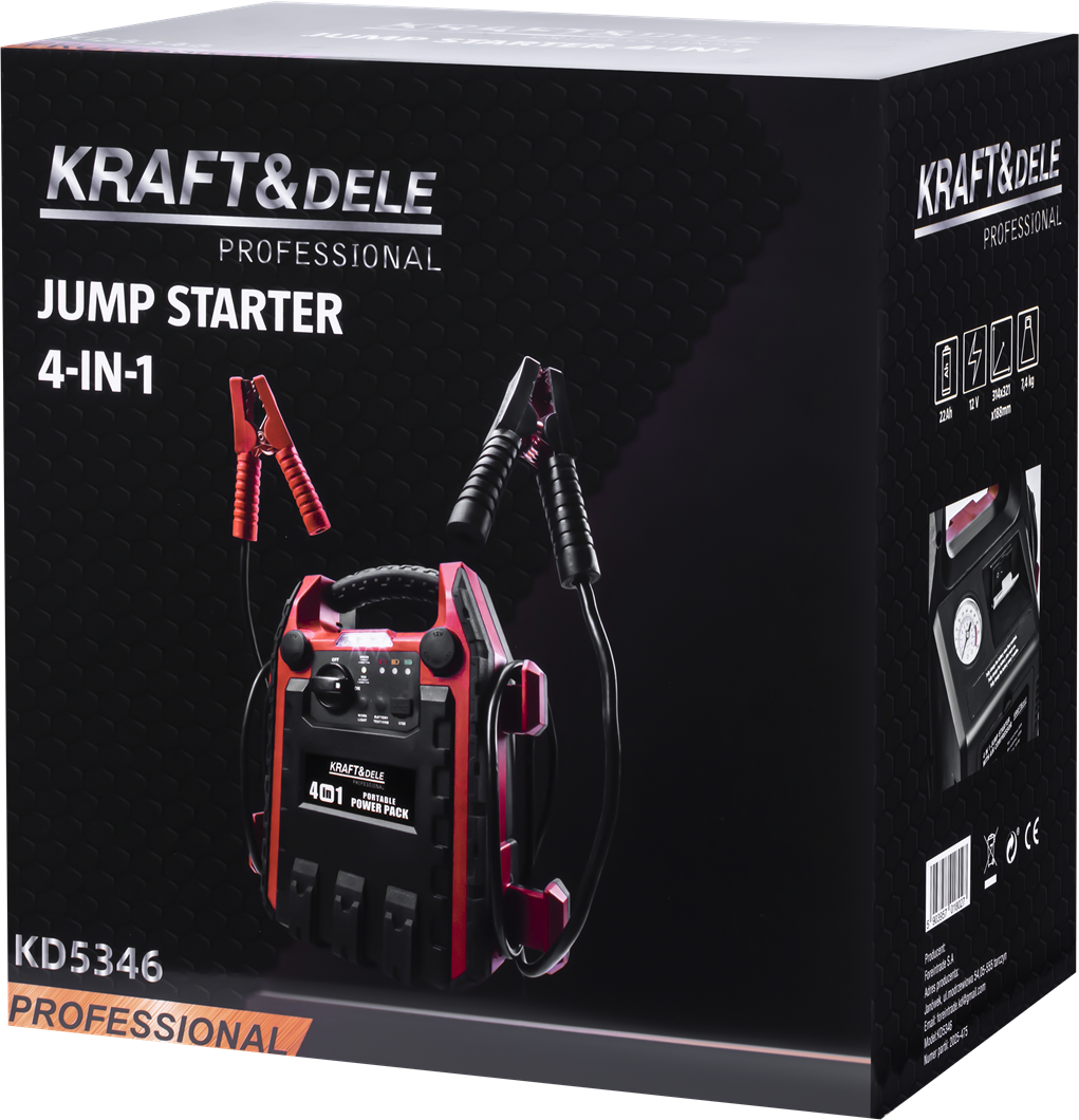 Jump-starter 4-ühes-1-s 1200/600A 22Ah 12V + valgustus + kompressor KD5346
