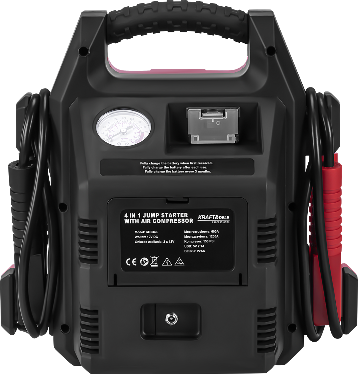 Jump-starter 4-ühes-1-s 1200/600A 22Ah 12V + valgustus + kompressor KD5346