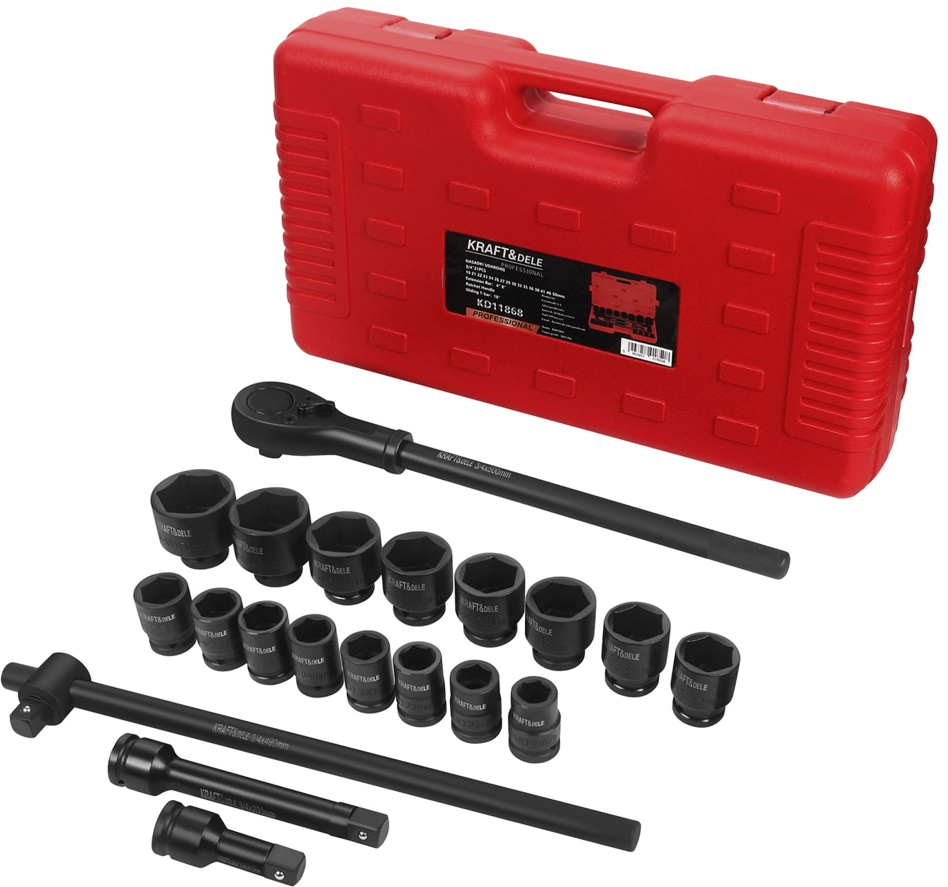 Gaisel + pikendused + löökpadrunid 3/4″ 21tk KD11868