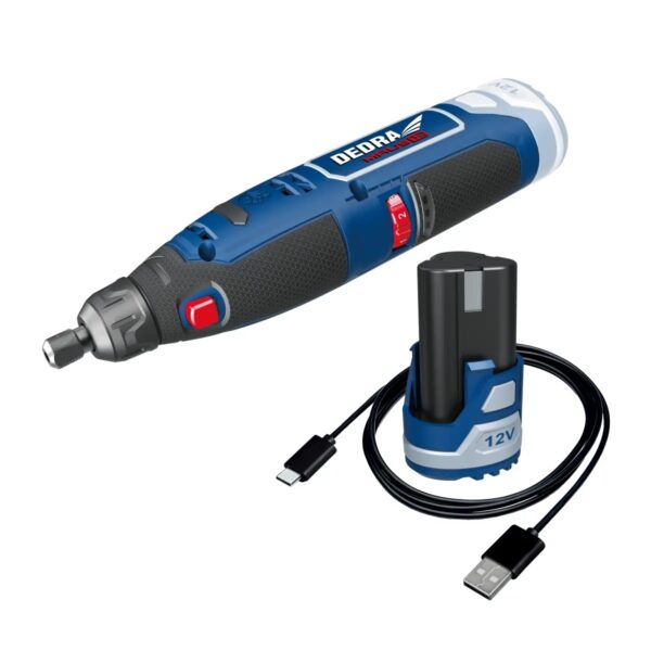 Elektritööriistade komplekt DEDRA MAUS DED7310T10: 12 V akuga minilihvija DED7340Z1 koos 47 tarvikuga, 2 Ah aku DED7320, USB-C laadimiskaabel DED7300