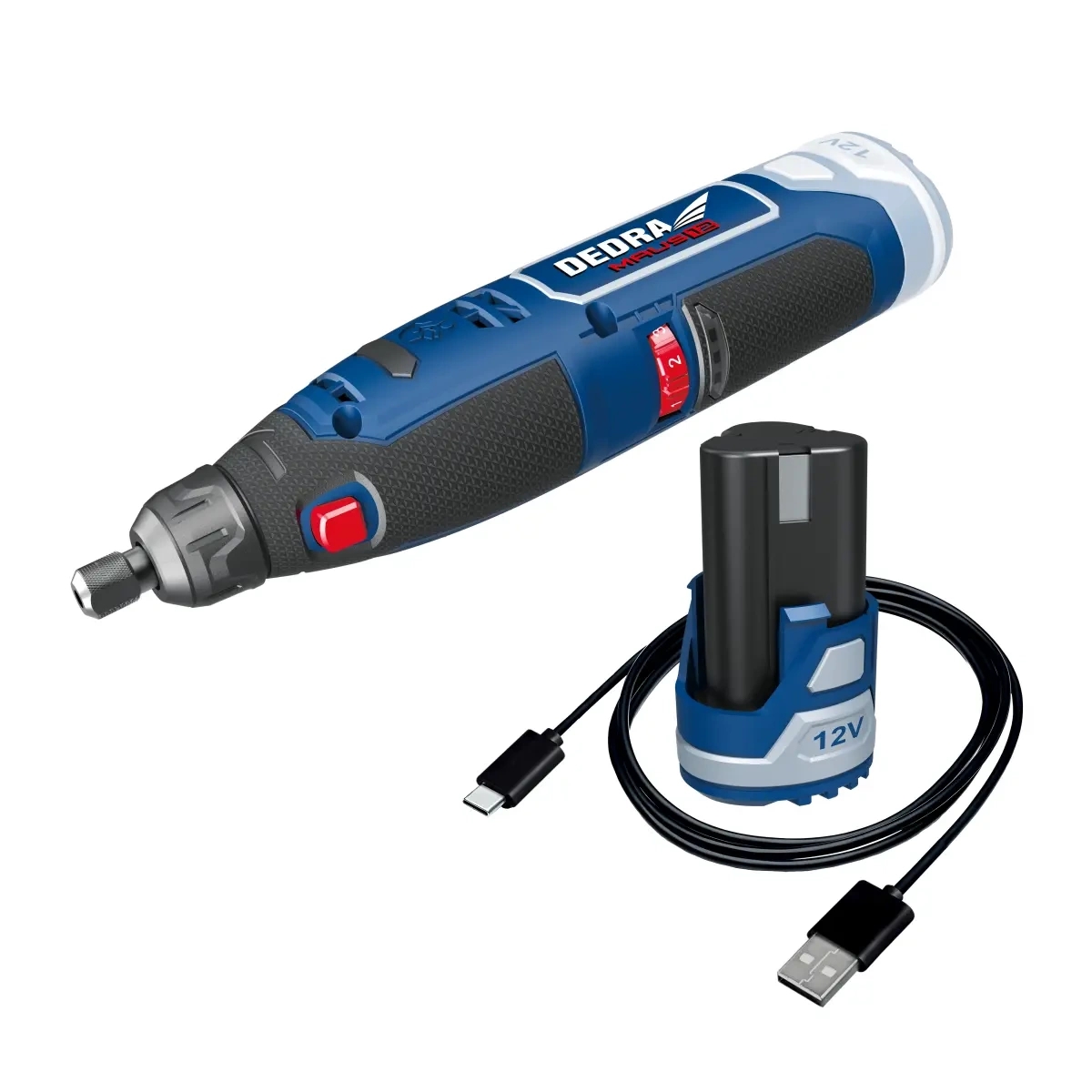 Elektritööriistade komplekt DEDRA MAUS DED7310T10: 12 V akuga minilihvija DED7340Z1 koos 47 tarvikuga, 2 Ah aku DED7320, USB-C laadimiskaabel DED7300