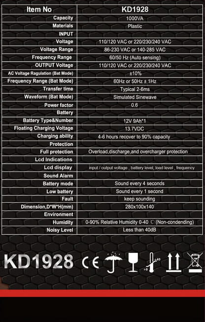 Katkematu toiteallikas UPS 1000VA LCD KD1928