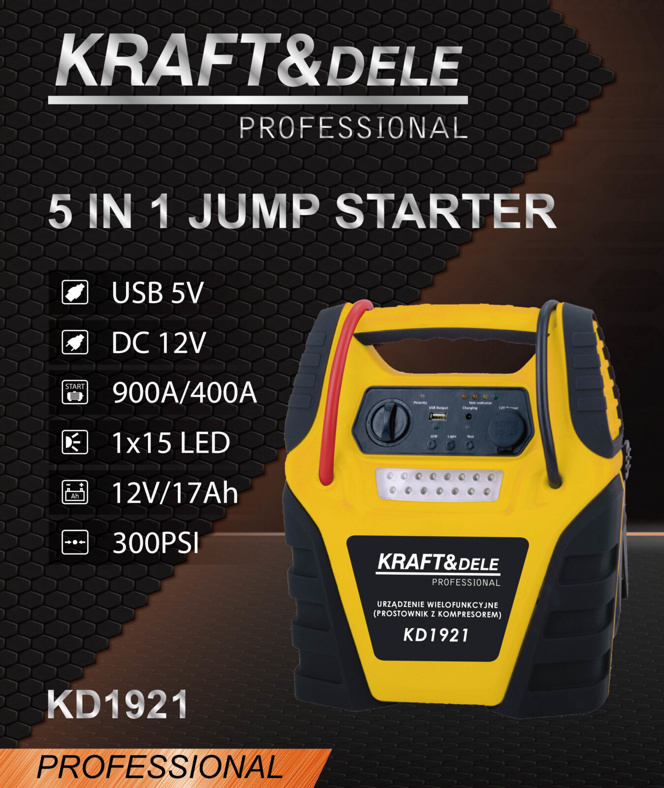Jump starter 5in1 – mitmeotstarbeline seade – käivitus, kompressor, taskulamp KD1921