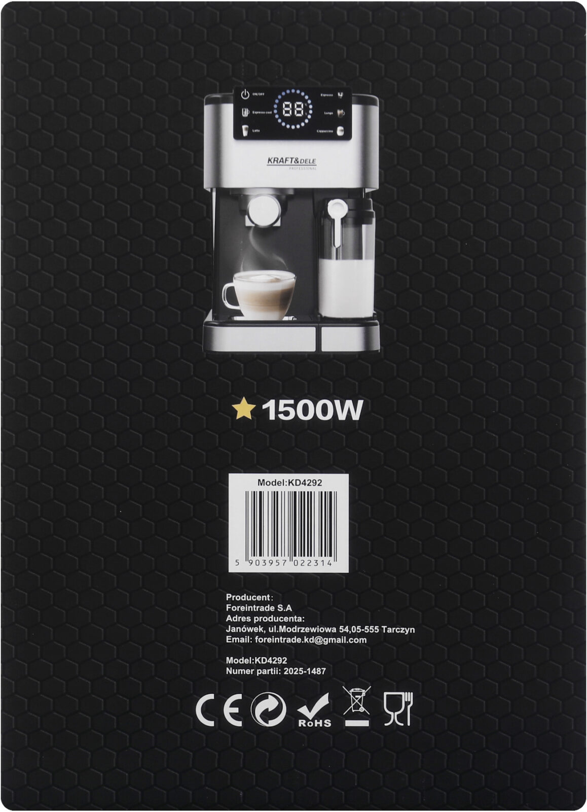 ESPRESSOKOHVIMASIN 1500W 20 BAR LCD KD4292